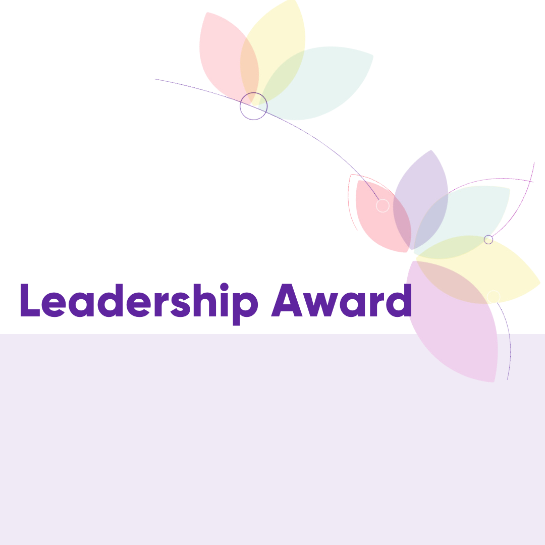 The words, "Leadership Award" are written in purple on a white and light green background. There are flower petals in the top right corner in light pastel colours.