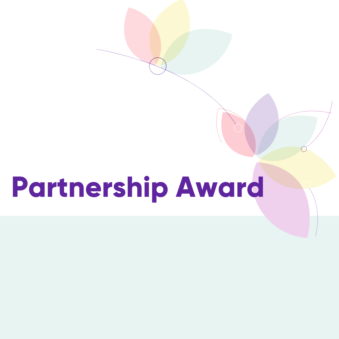 The words, "Partnership Award" are written in purple on a white and light green background. There are flower petals in the top right corner in light pastel colours.