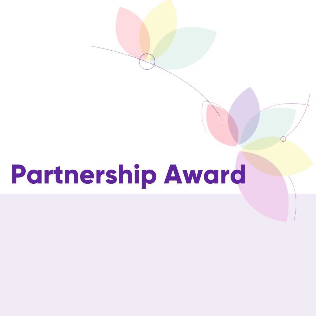 The words, "Partnership Award" are written in purple on a white and light green background. There are flower petals in the top right corner in light pastel colours.