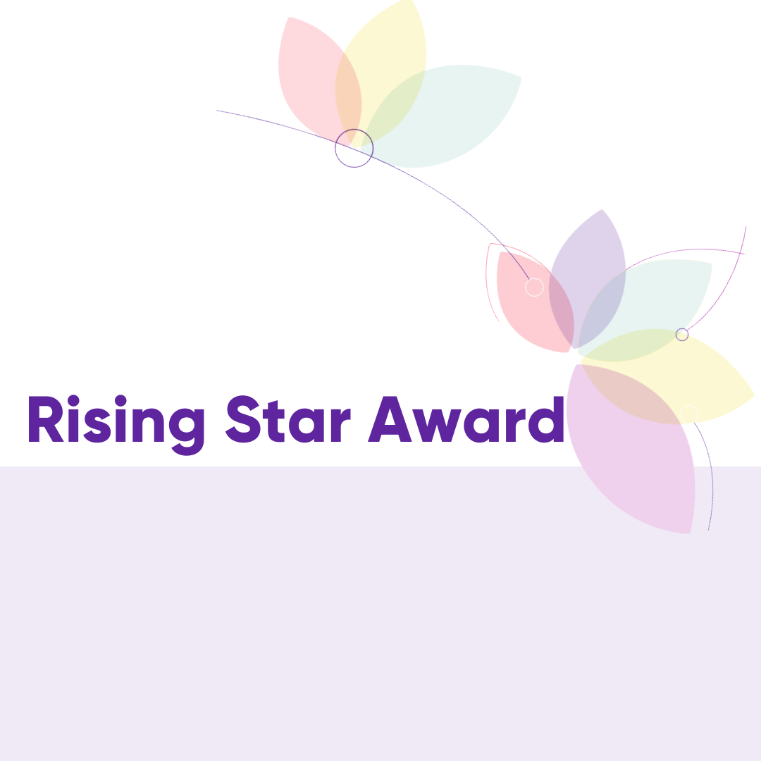 The words, "Rising Star Award" are written in purple on a white and light green background. There are flower petals in the top right corner in light pastel colours.