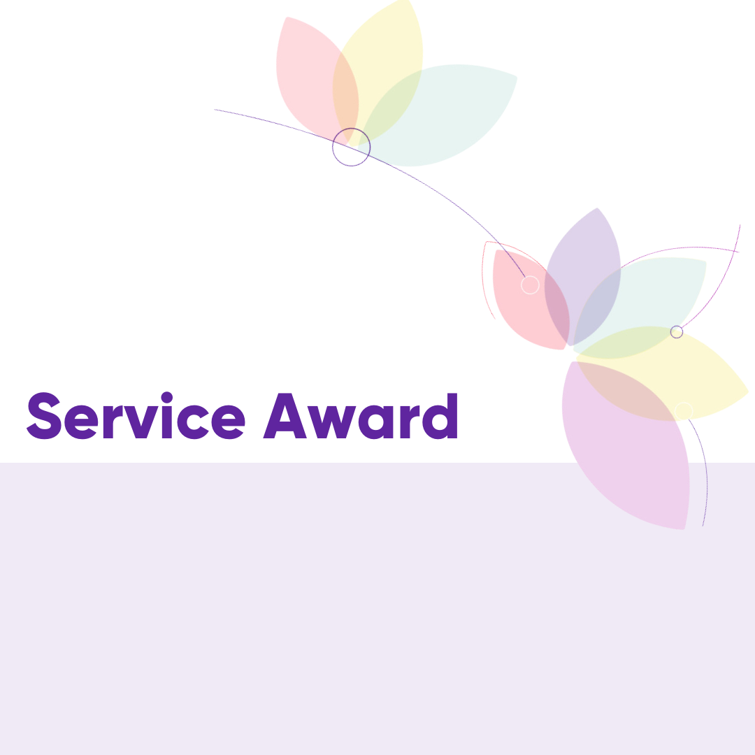 The words, "Service Award" are written in purple on a white and light green background. There are flower petals in the top right corner in light pastel colours.