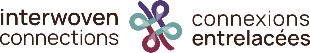 The Interwoven Connection logo has its name in English and French on either side of an animated thread that is looped into a square in multiple colours.