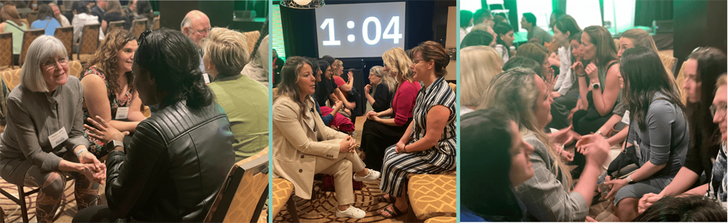 There are three images of people in a large event room, sitting on chairs and having conversations with the person seated across from them. The middle image also shows a clock ticking down the time until the three-minute timer runs out.